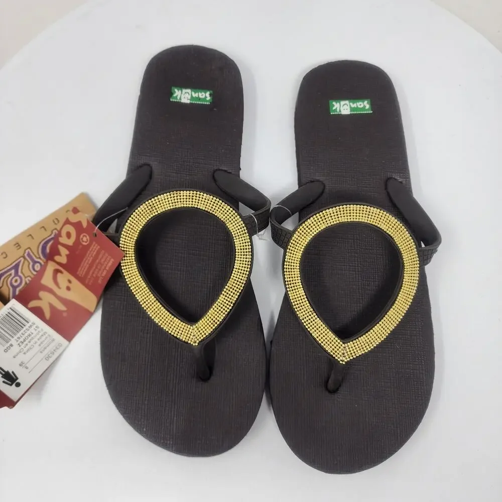 Sanuk Ibiza St. Tropez Flip-Flop Sandals Women 8 Brown Gold Bead Circle 034630